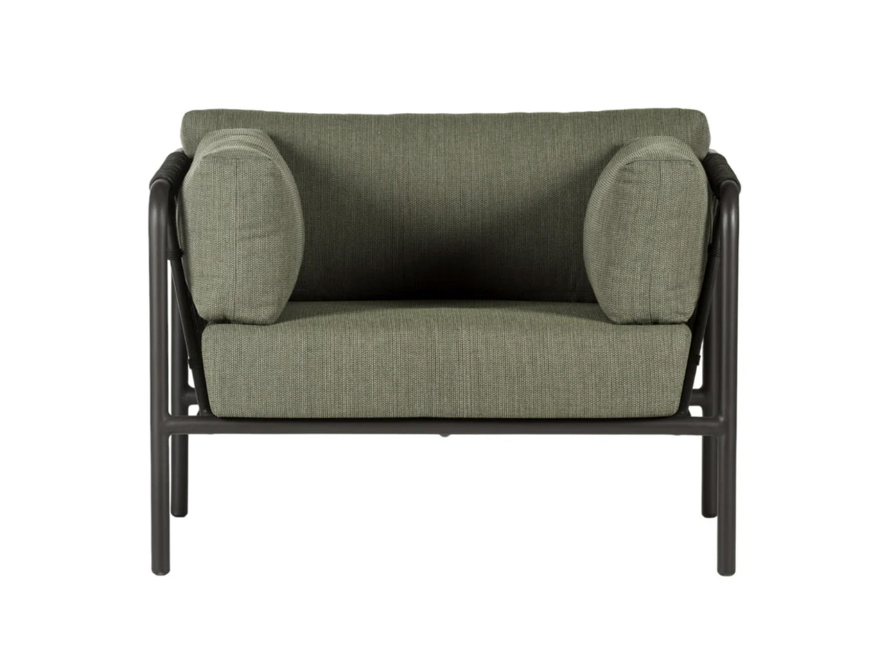 Green sofa with black metal frame on a white background