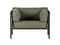 Green sofa with black metal frame on a white background