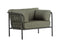 Green cushioned sofa with metal frame on a white background