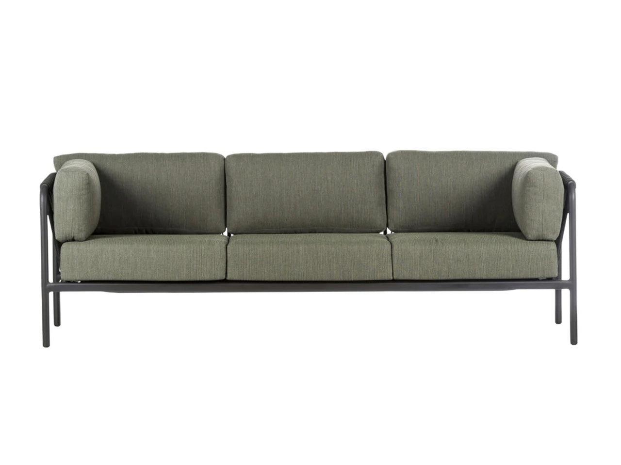 Green sofa with black metal frame on a white background