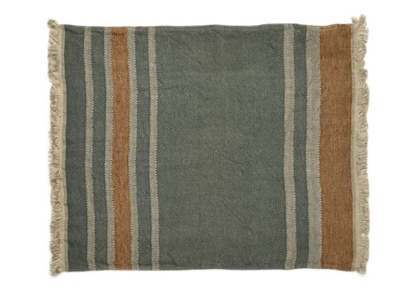 Striped blanket with frayed edges on a white background