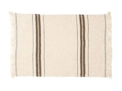 A beige Belgian towel with a striped pattern, laid flat.