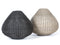 Two pendant outdoor lighting fixtures, one in black color and one in beige, with a textured surface.